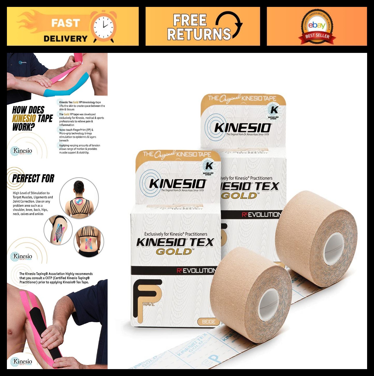 Elastic Therapeutic Athletic Tape – Kinesiology Tape, Beige, 2 in x 16.4 ft, 2 P