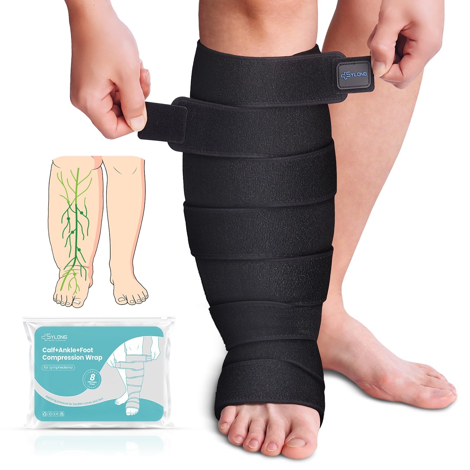 Sylong® Swelling Edema Calf and Foot Compression Wrap Adjustable Sleeve For L…