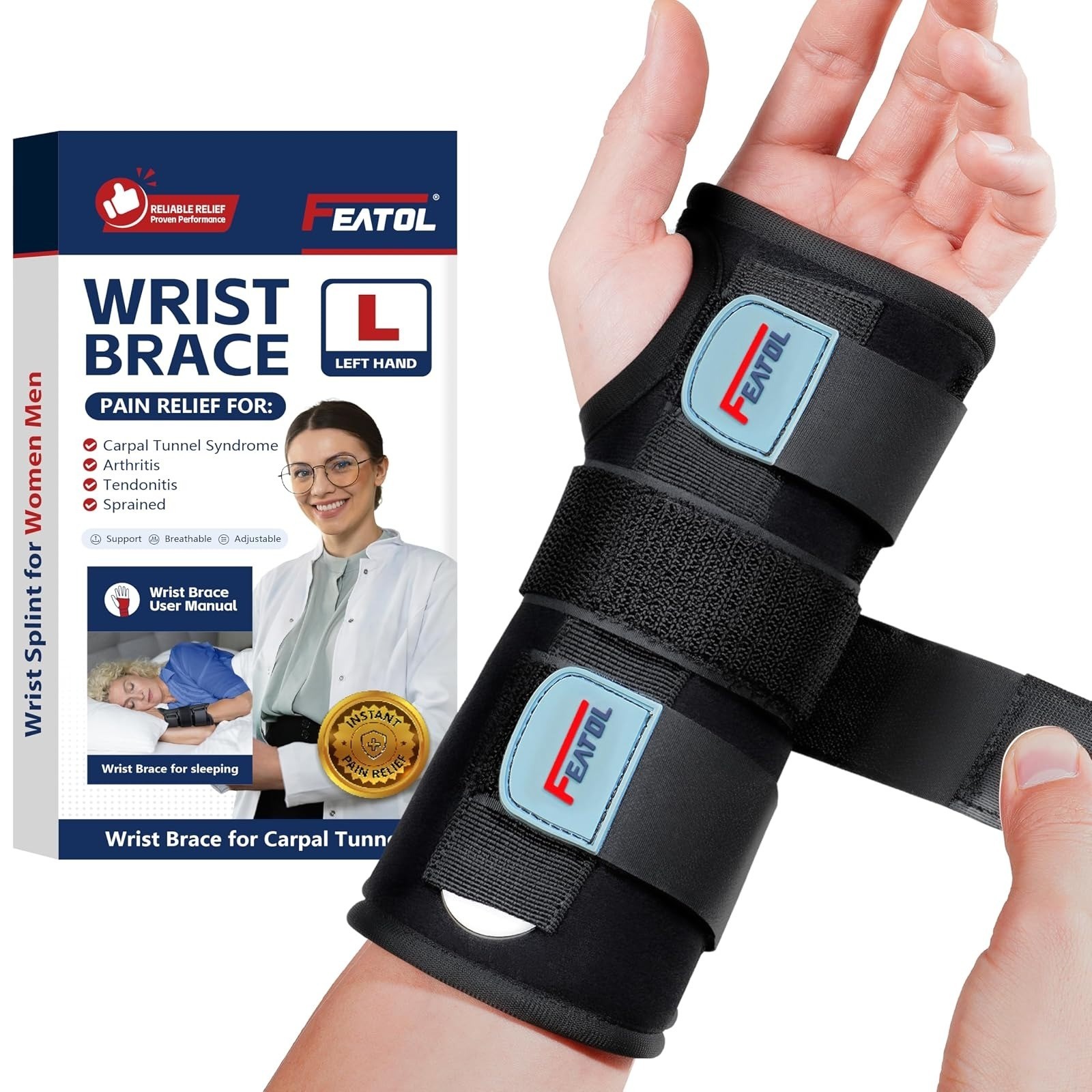 FEATOL Wrist Brace for Carpal Tunnel, Adjustable Splint Support