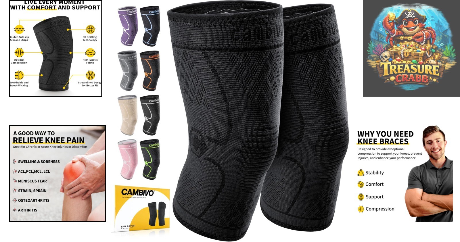 2 Pack Medium Knee Support Sleeves – Breathable & Non-Slip for All-day Comfort