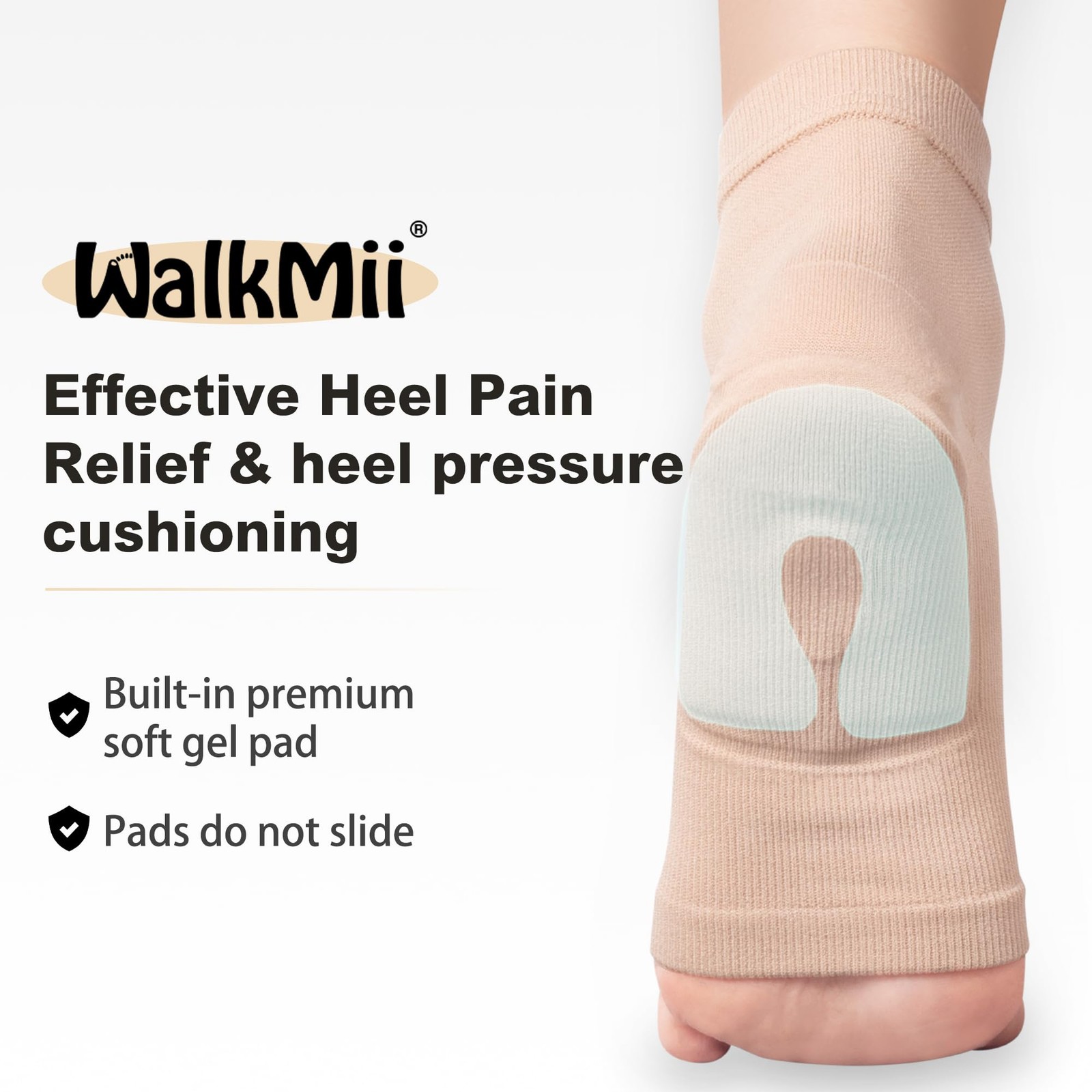 WalkMii Gel Heel Protector Cup Socks for Plantar Fasciitis Pain Relief Sz Large