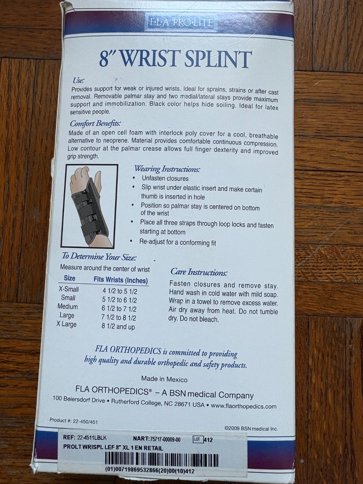 WRIST SPLINT FLA ORTHOPEDICS PRO-LITE PROFESSIONAL GRADE 8″ XL LEFT Black
