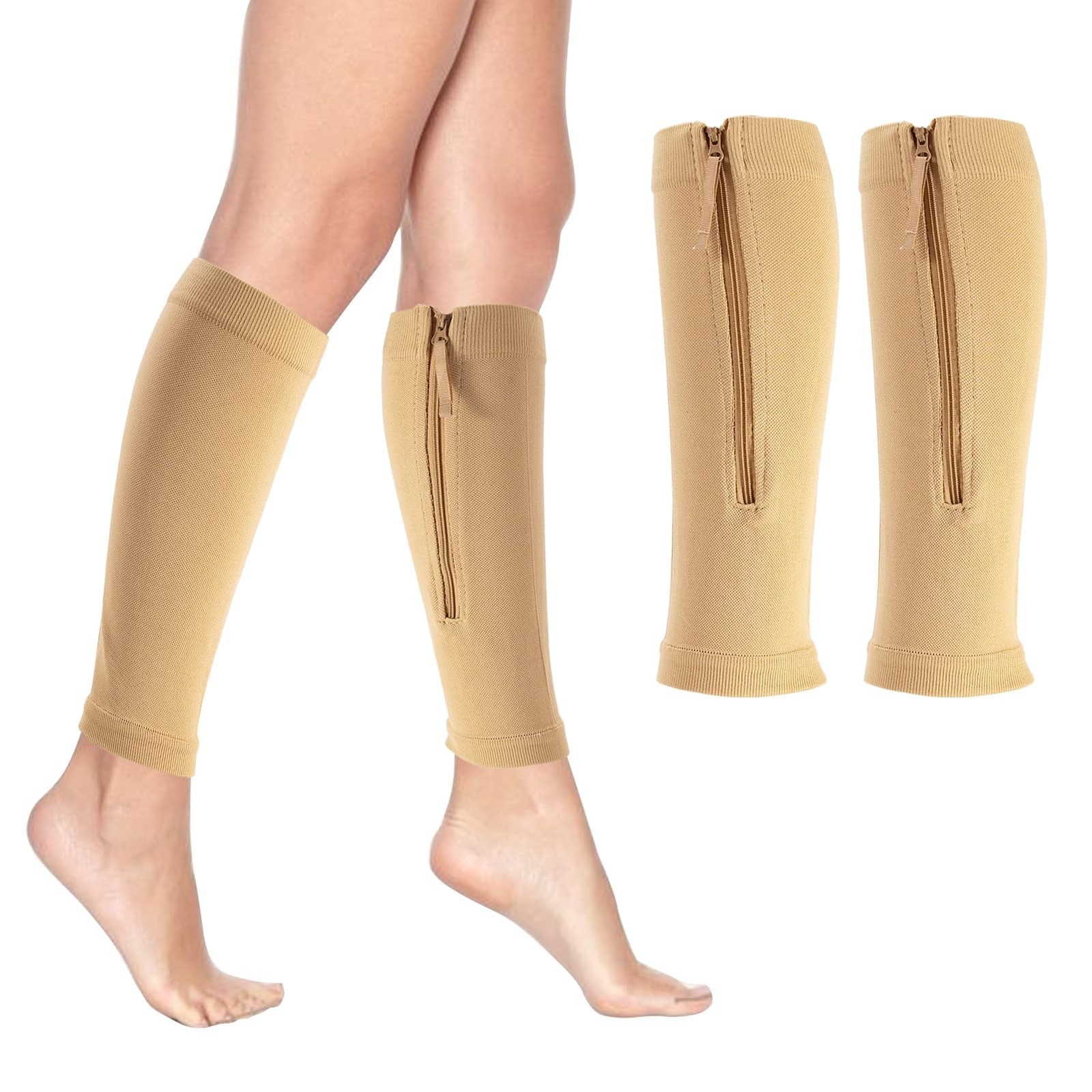 2 Piece Compression Sleeves for Women Calf, Leg One Size, Skin tone