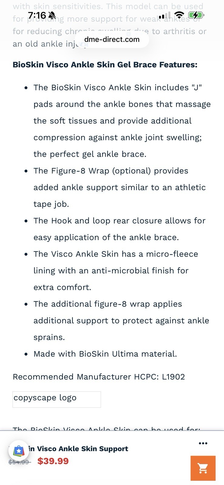 Visco Ankle Compression Brace 43303-R M-L By Bioskin Gel Skin