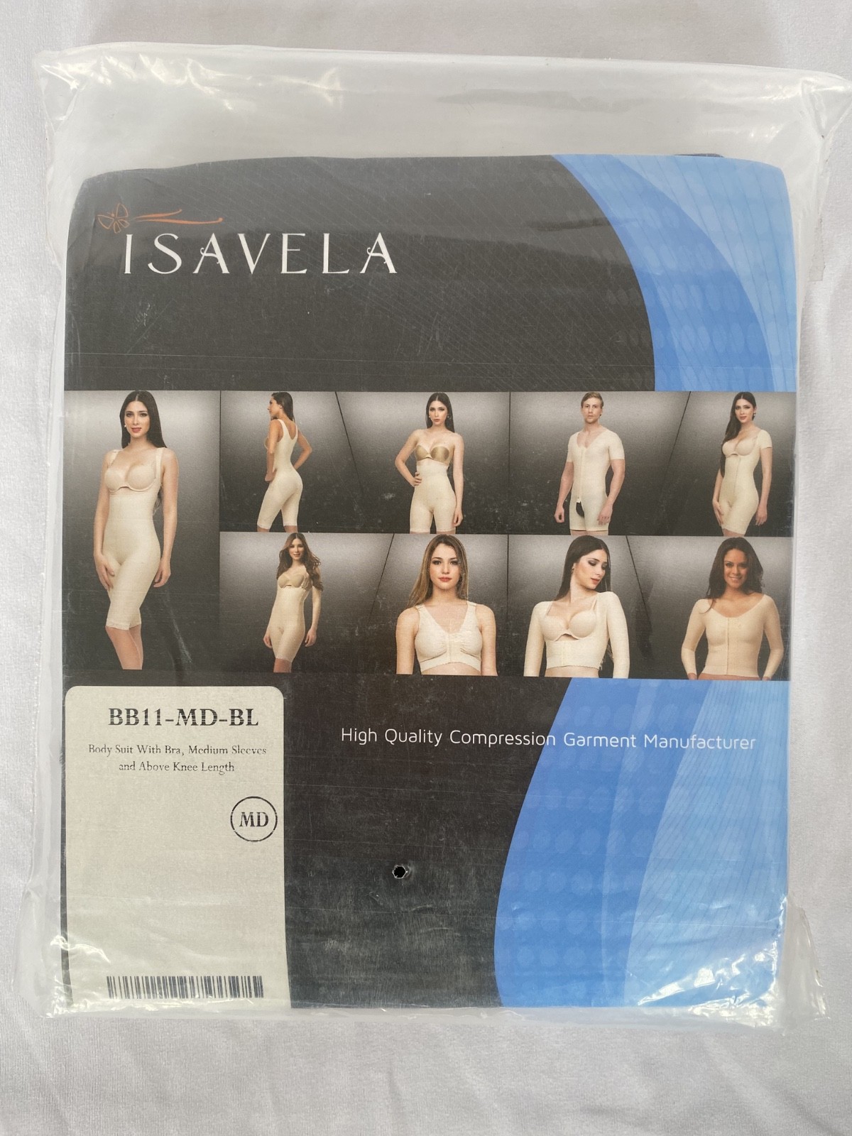 Isavela BB11 Compression Bodysuit with Bra, Medium Sleeves and Above Knee Length