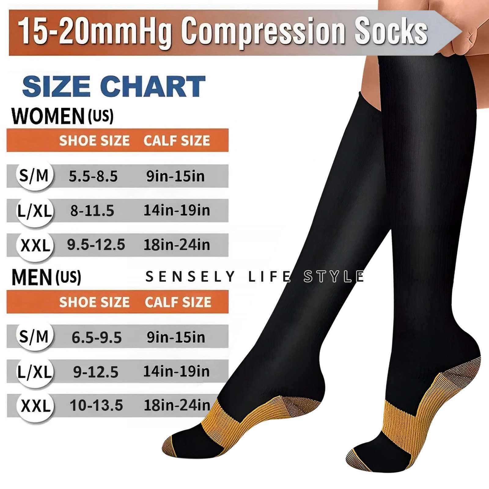 Medias de Compresión Talla Grande, Pantorrilla Ancha, 15-20mmHg, 3/6 Pares