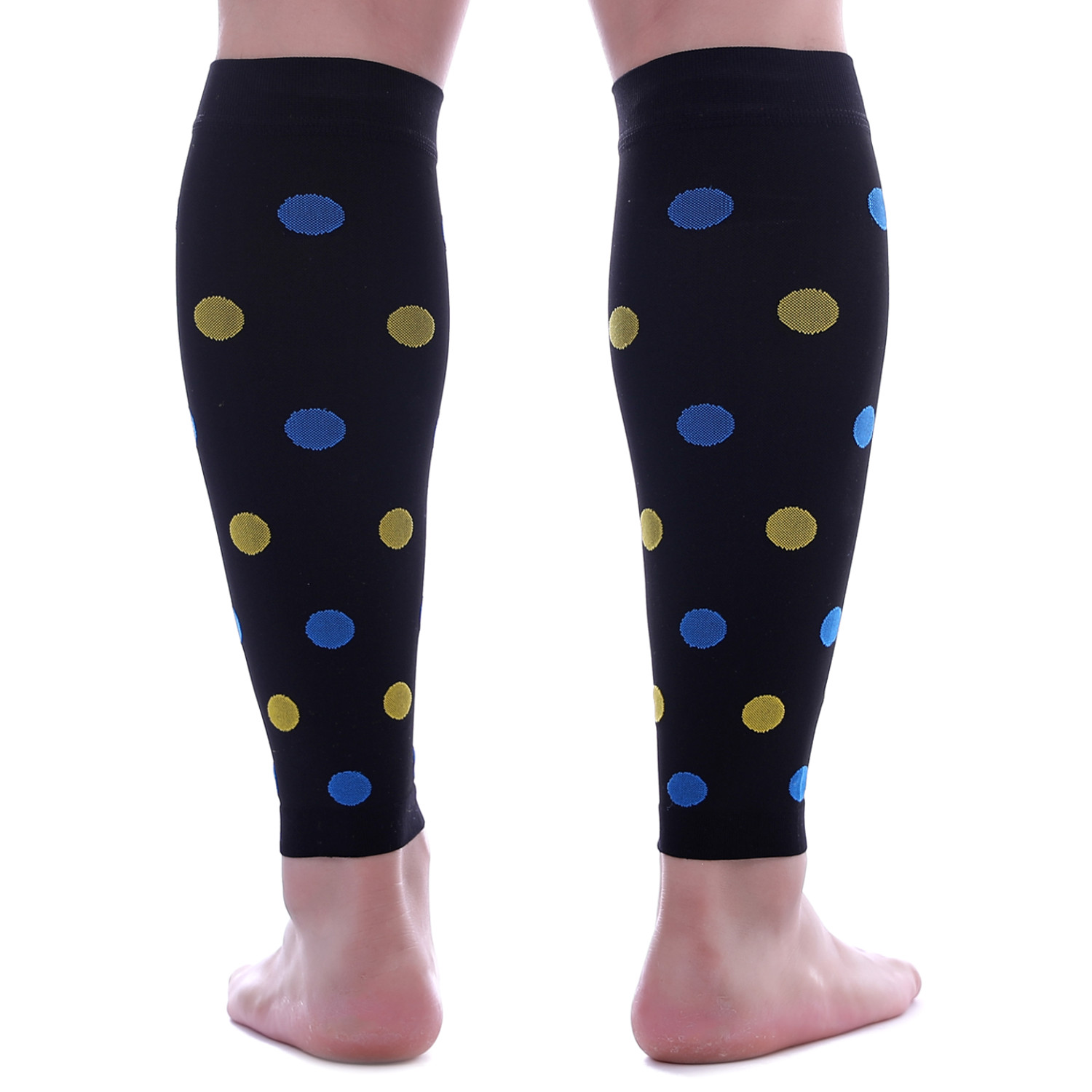 Doc Miller Calf Compression Sleeve 1Pair 20-30mmHg Varicose Polka Dot BLK/BLUYLW