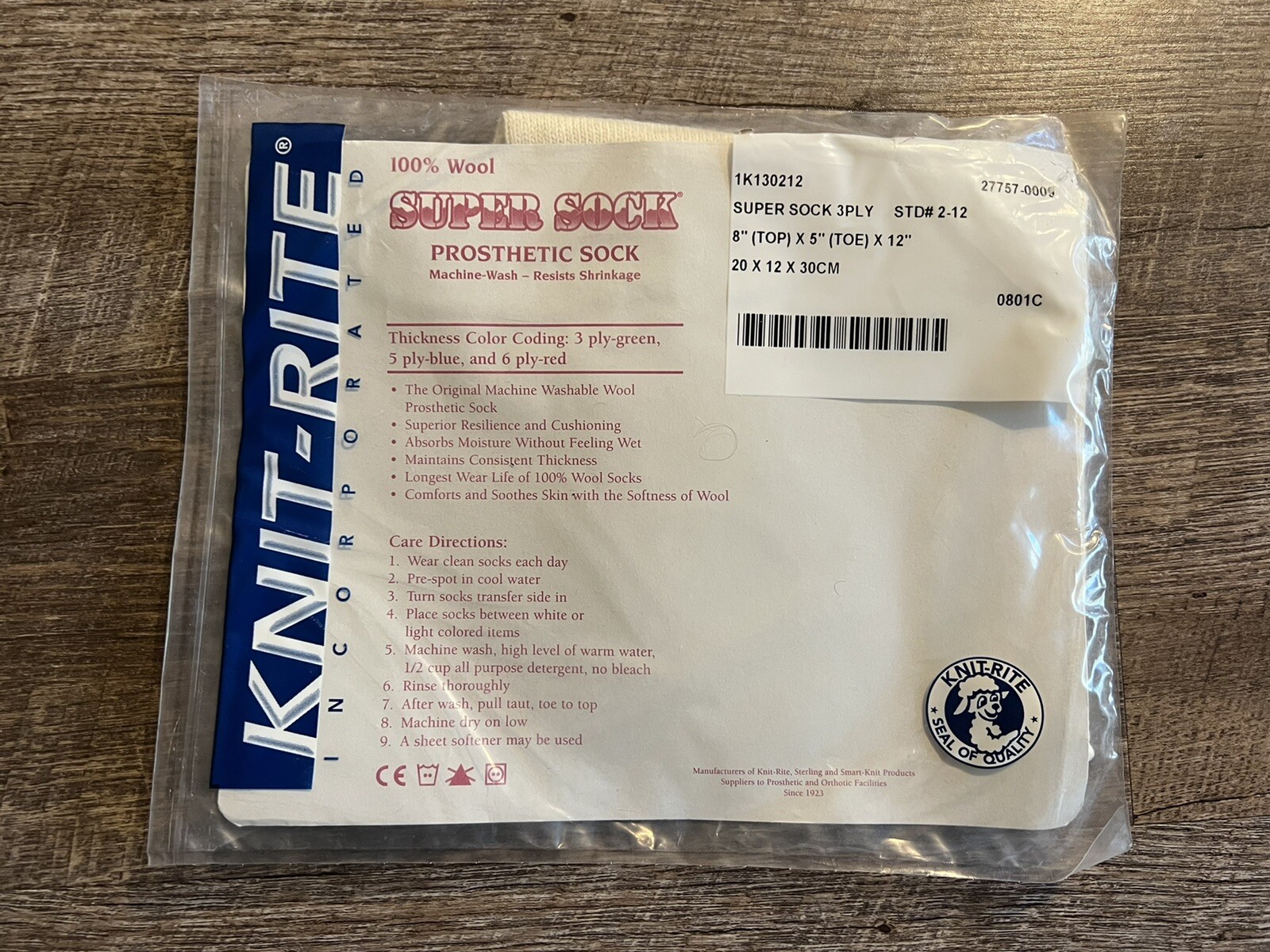 FIVE 5 Knit-Rite Prosthetic Super Sock 3-Ply Wool 8” Top x 5” Toe x 12” 1K130212