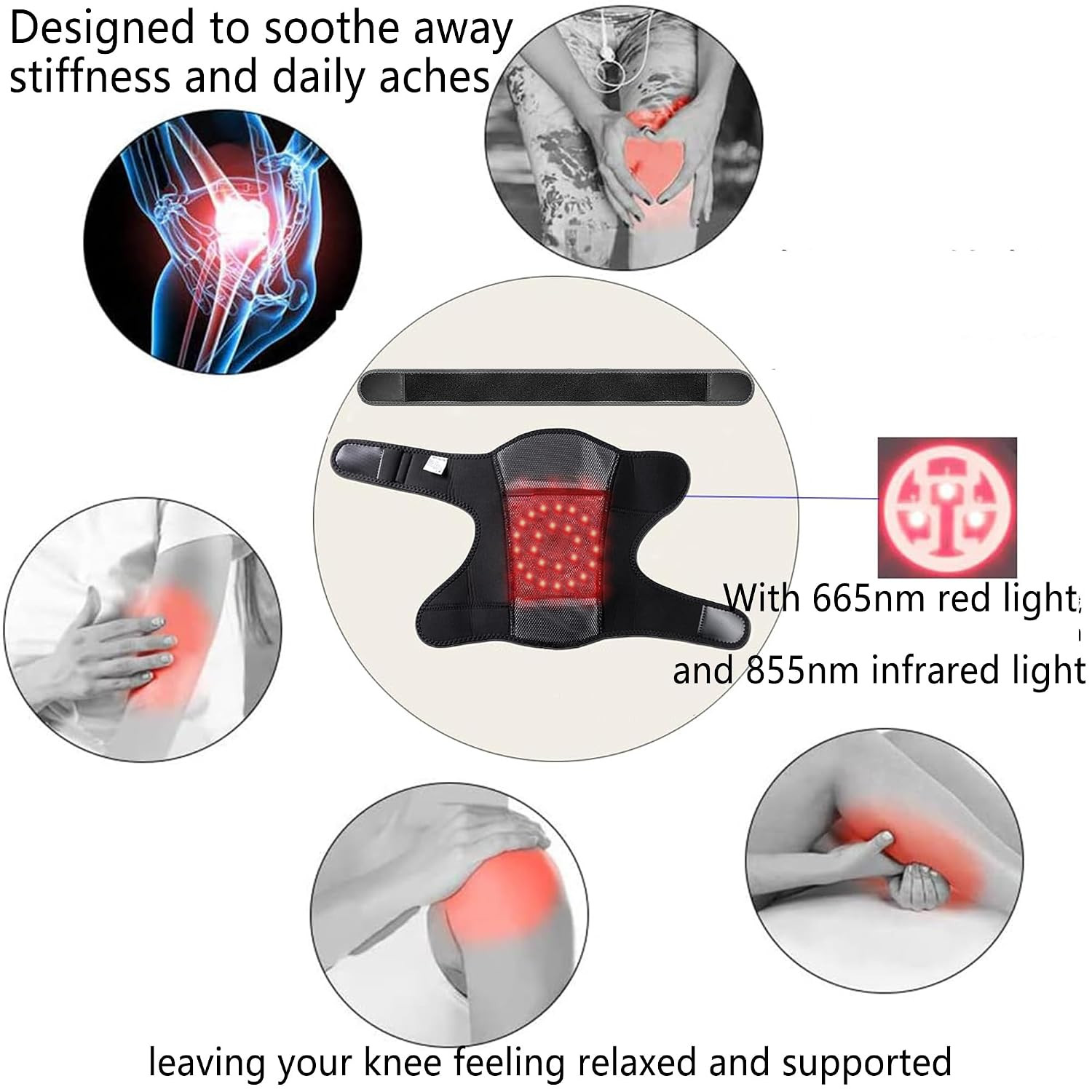 Red Light Therapy Knee Brace, Wireless Rechargeable, 665Nm & 855Nm Heating & Vib