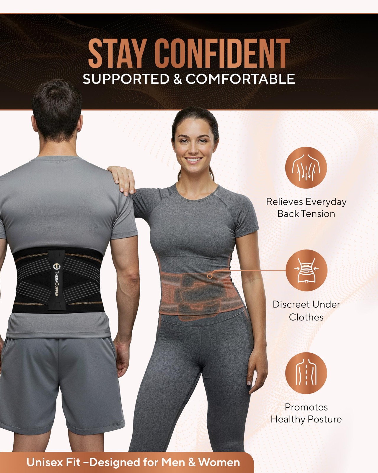 TheraCopper Copper Back Brace for Men & Women — Lumbar Support Large, Black