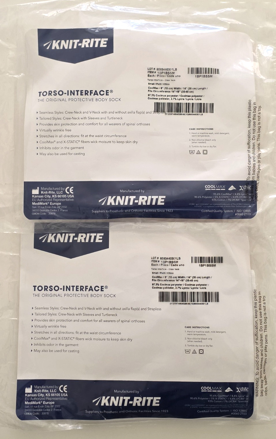 2x Knit Rite Torso Interface Original Small 6″x14″ Protective Body Sock