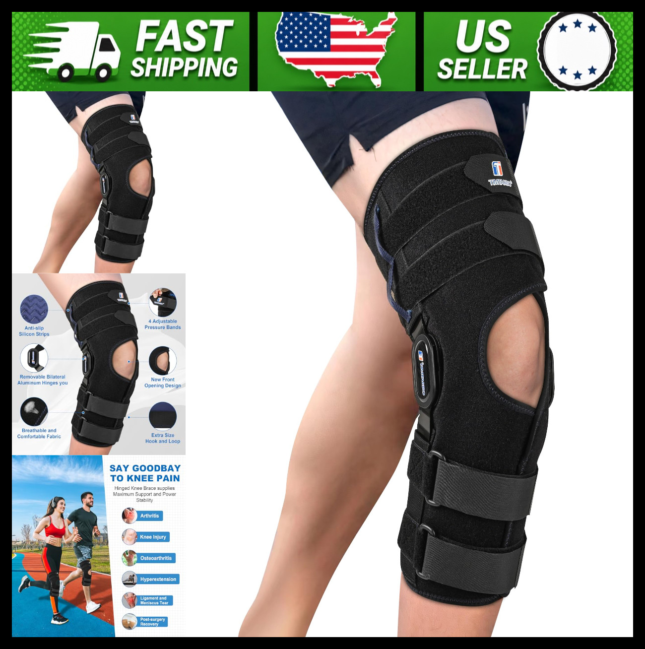 16in Tall Hinged Knee Brace, Side Stabilizers, Compression Straps, ACL/MCL