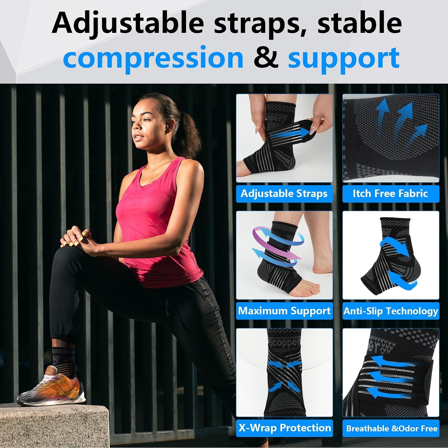 Copper Ankle Brace for Men & Women – 1 Pair Adjustable Ankle Support Compression