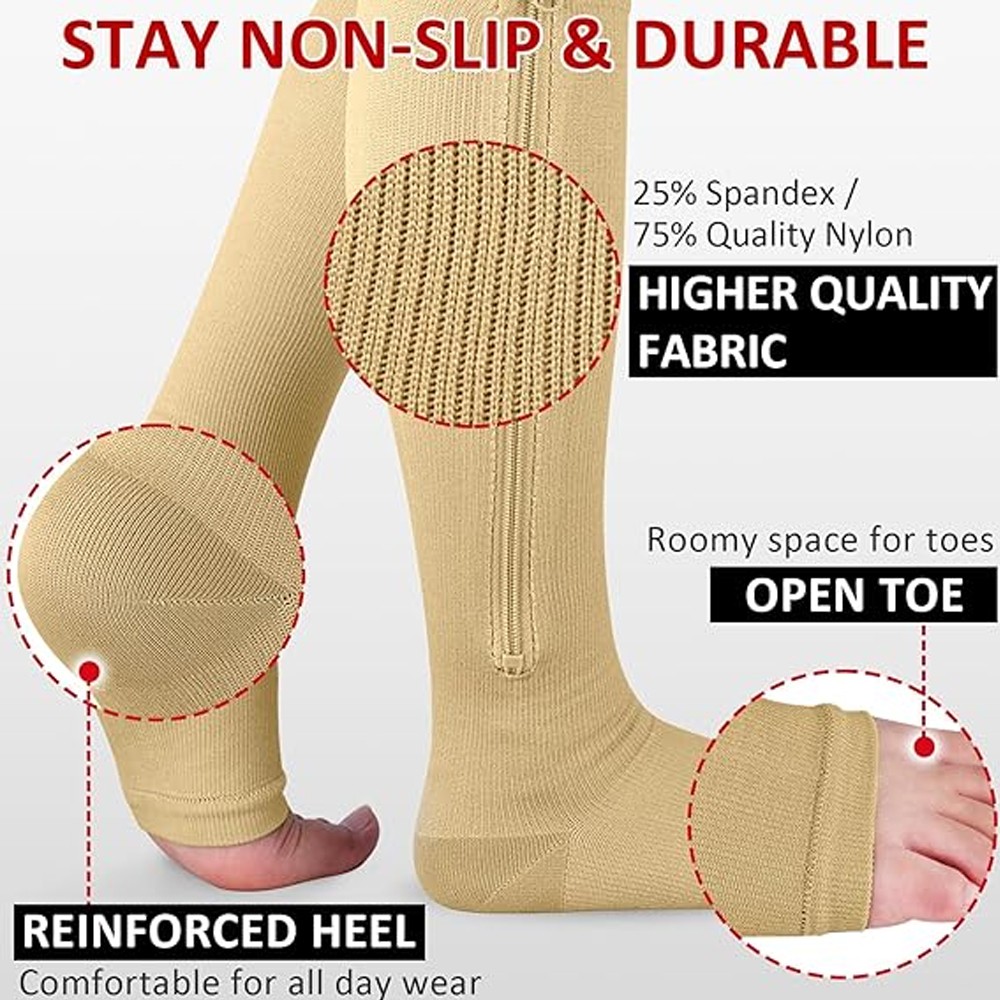 3 Pair Compression Socks Zippered Open Toe 30-40mmHg with Zipper Safe Protection