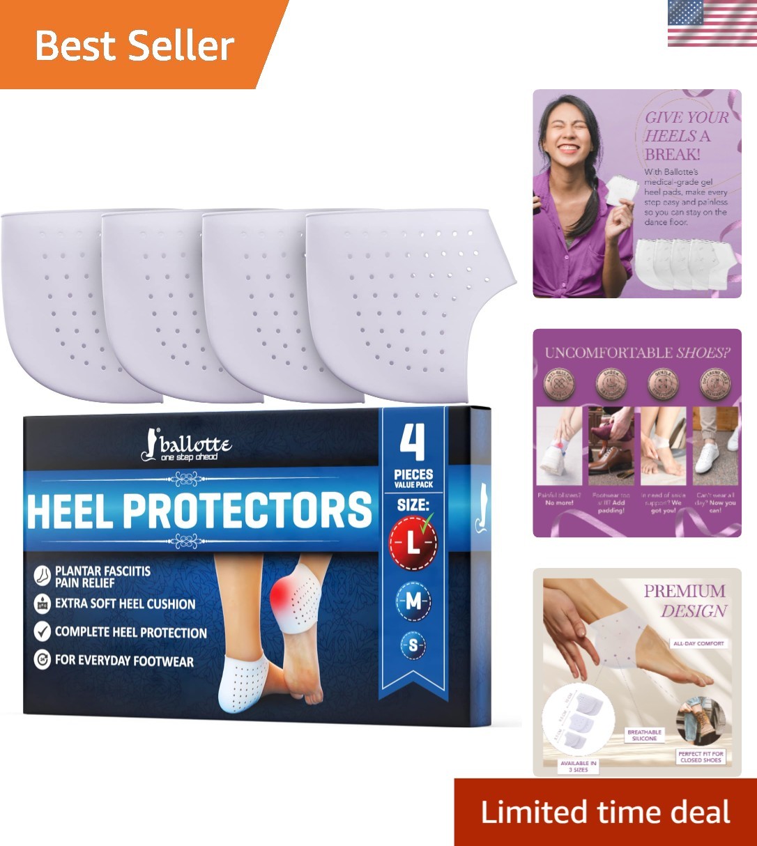 Silicone Heel Protectors – Gel Cups for Plantar Fasciitis Relief, 4 Pack