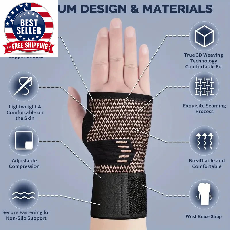 2Pcs Copper Fiber Wrist Brace Gloves – Adjustable Compression Hand & Wrist Suppo