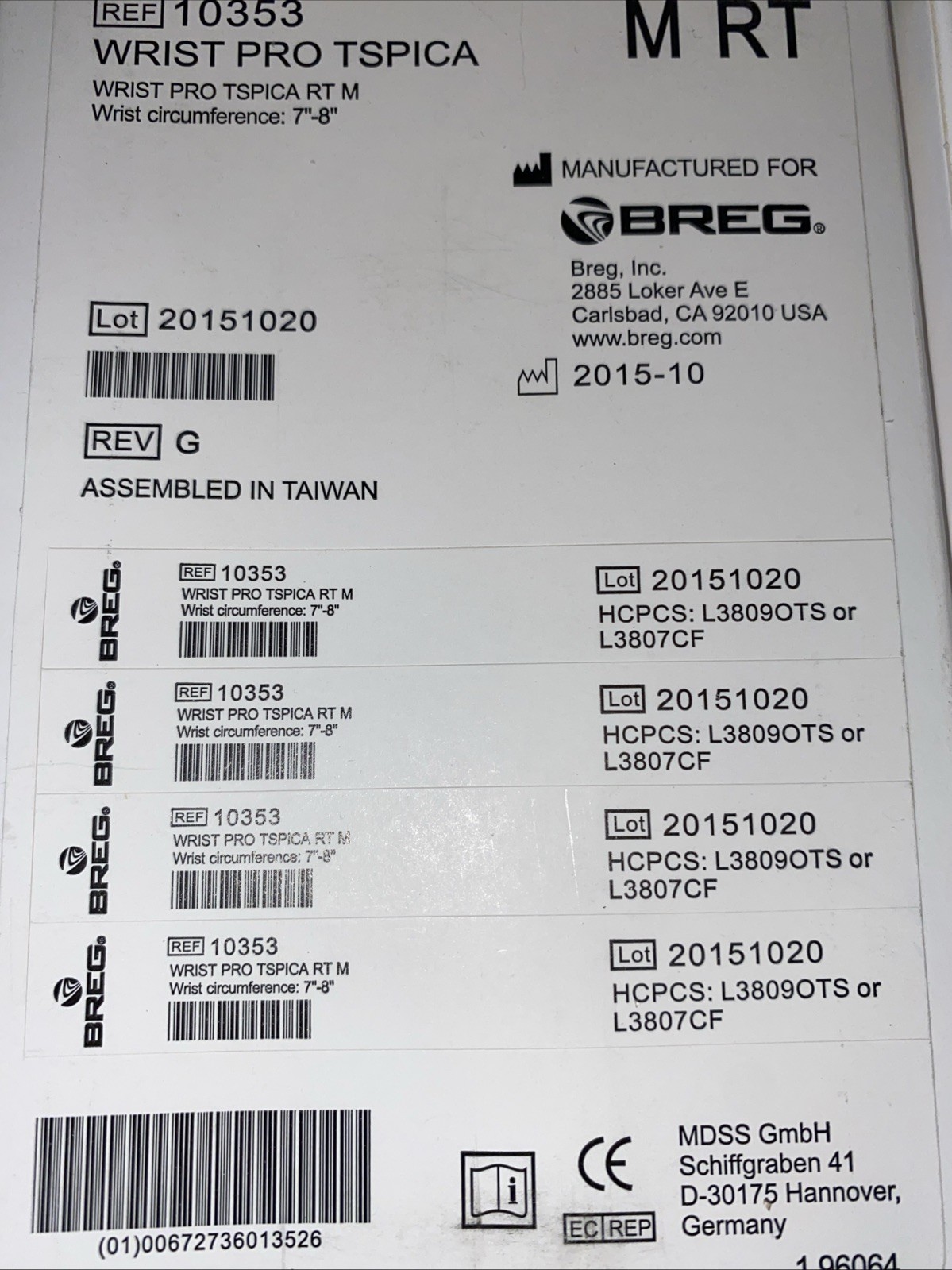 BREG Wrist PRO TSPICA Brace Size Medium RIGHT Wrist with Thumb Spica 7-8” NEW