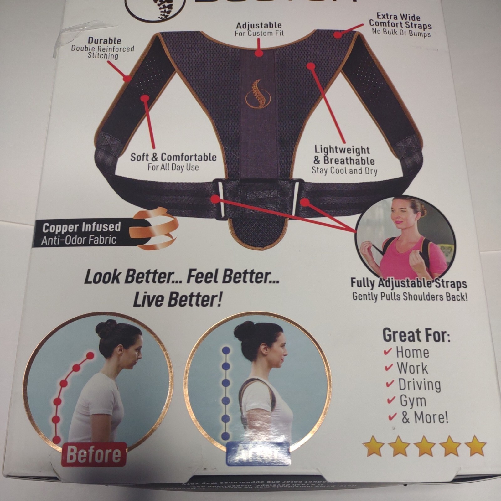 Posture Doctor Copper Infused Posture Corrector Neck Back Shoulder box damage