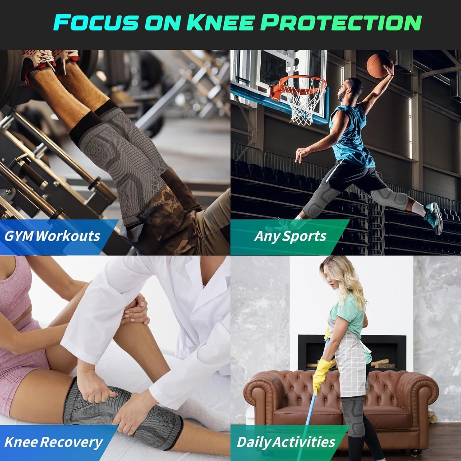 2 Pack Compression Knee Braces for Pain Relief, Support Sleeve for Sports