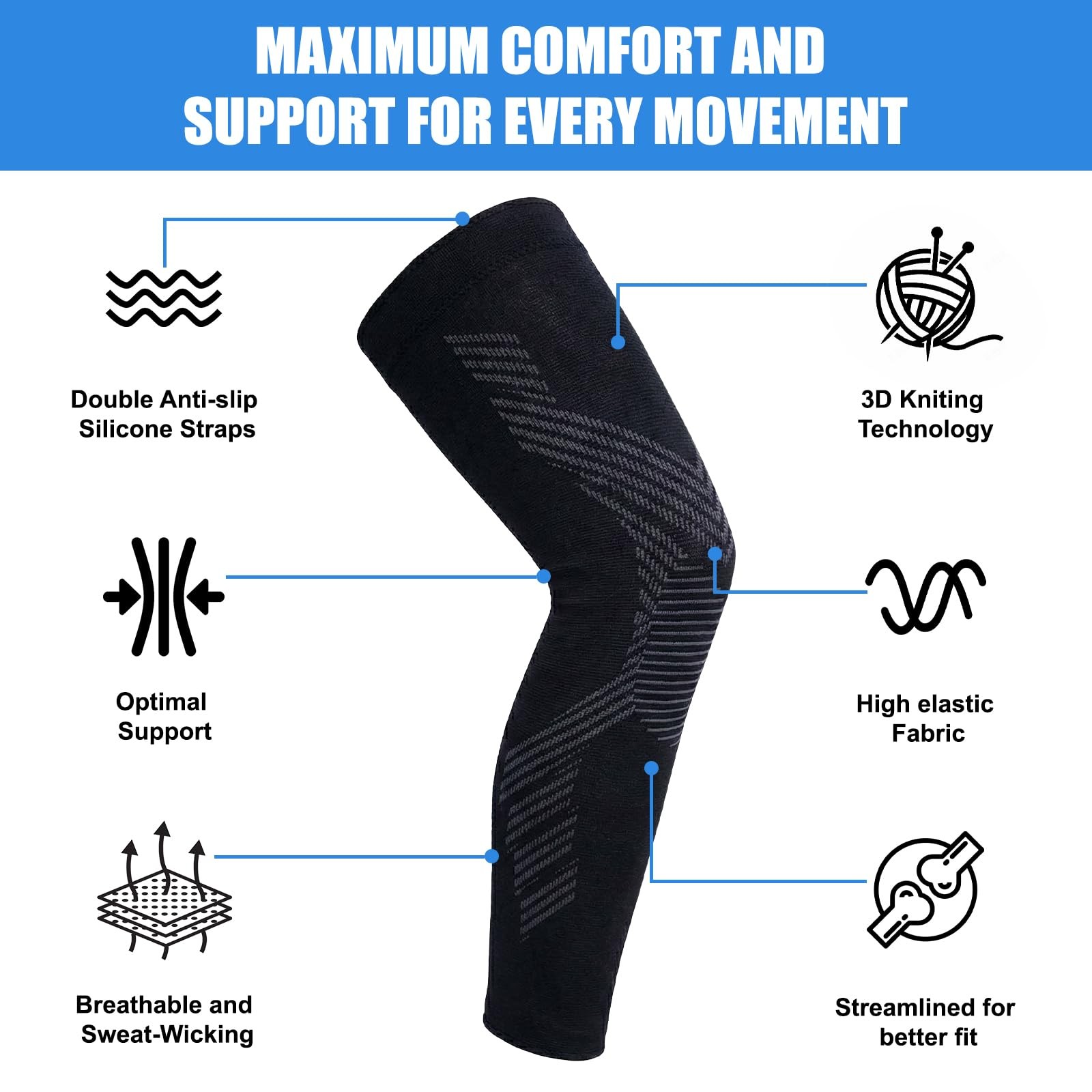 2 PCS 3XL Black Full Leg Compression Sleeves Long Knee Brace Support Sports