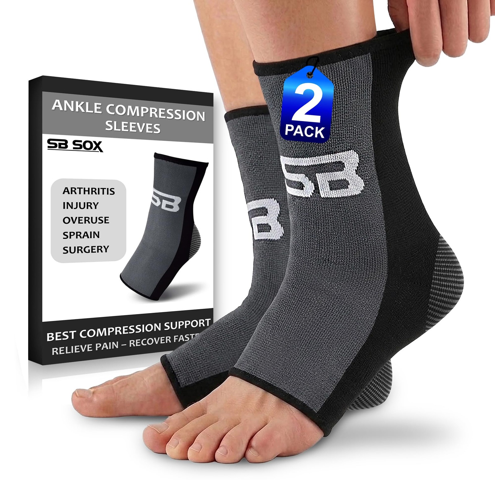 SB SOX Compression Ankle Brace (1 Pair) – Support X-Large, Black/Gray