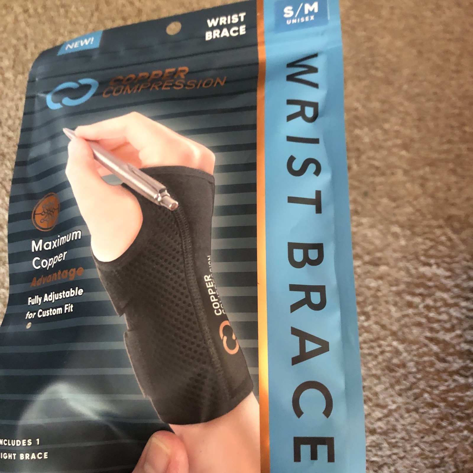 Copper Compression Wrist Brace Fits Right Hand S/M Unisex Washable New Sealed
