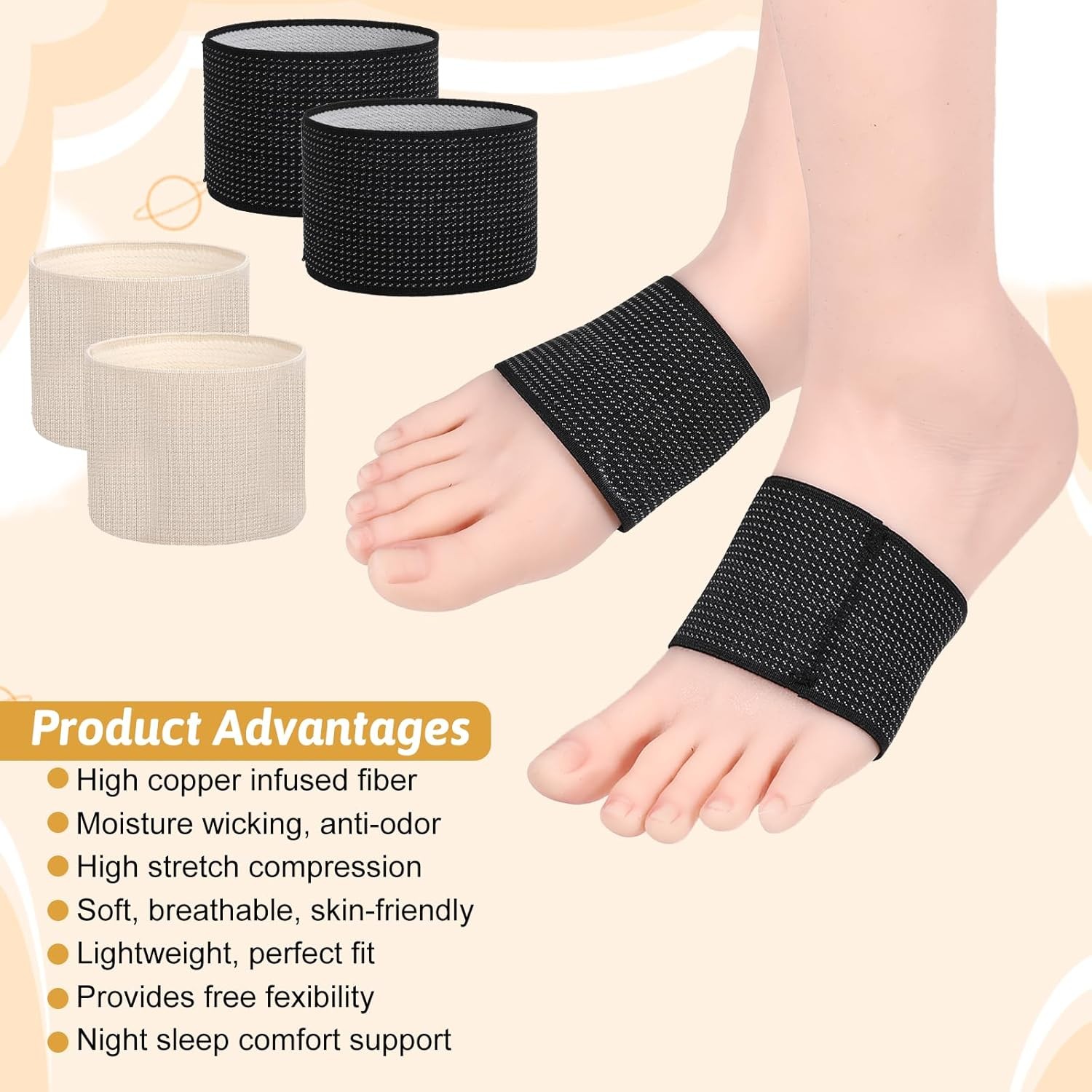 2 Pairs Copper Arch Support Sleeves Plantar Fasciitis Foot Pain Relief Braces S