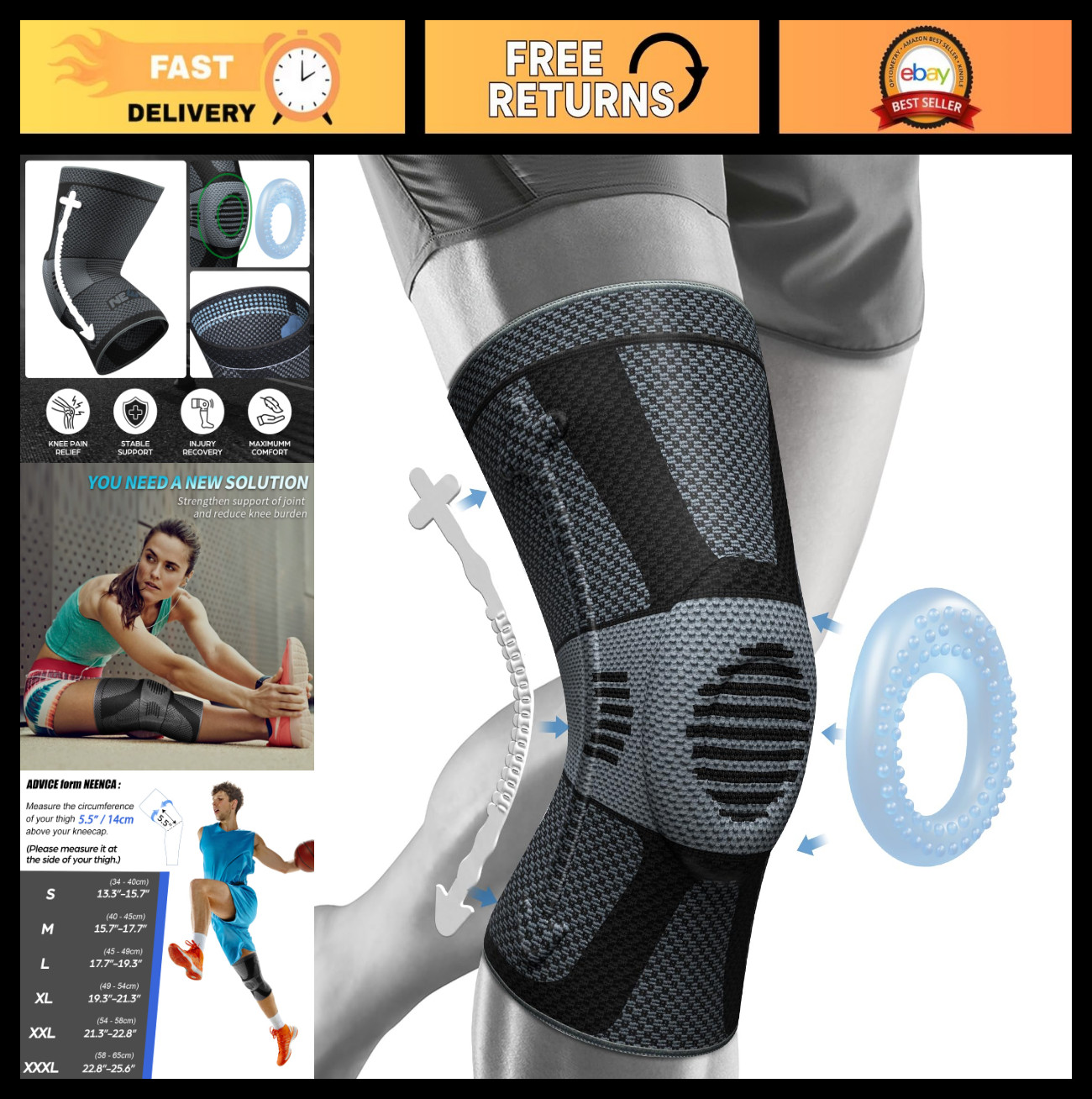 Knee Brace Support for Pain Relief – Patella Gel Pad, Side Stabilizers, ACL/PCL,