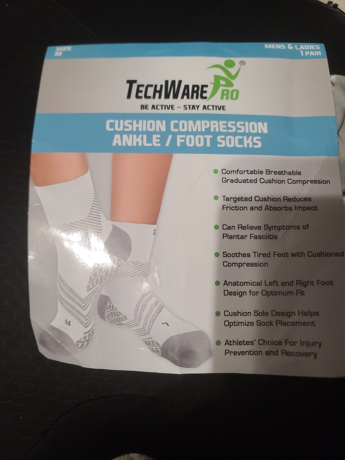 TechWare Pro Compression Ankle/Foot Socks Gray White Size M Be ActiveStay Active