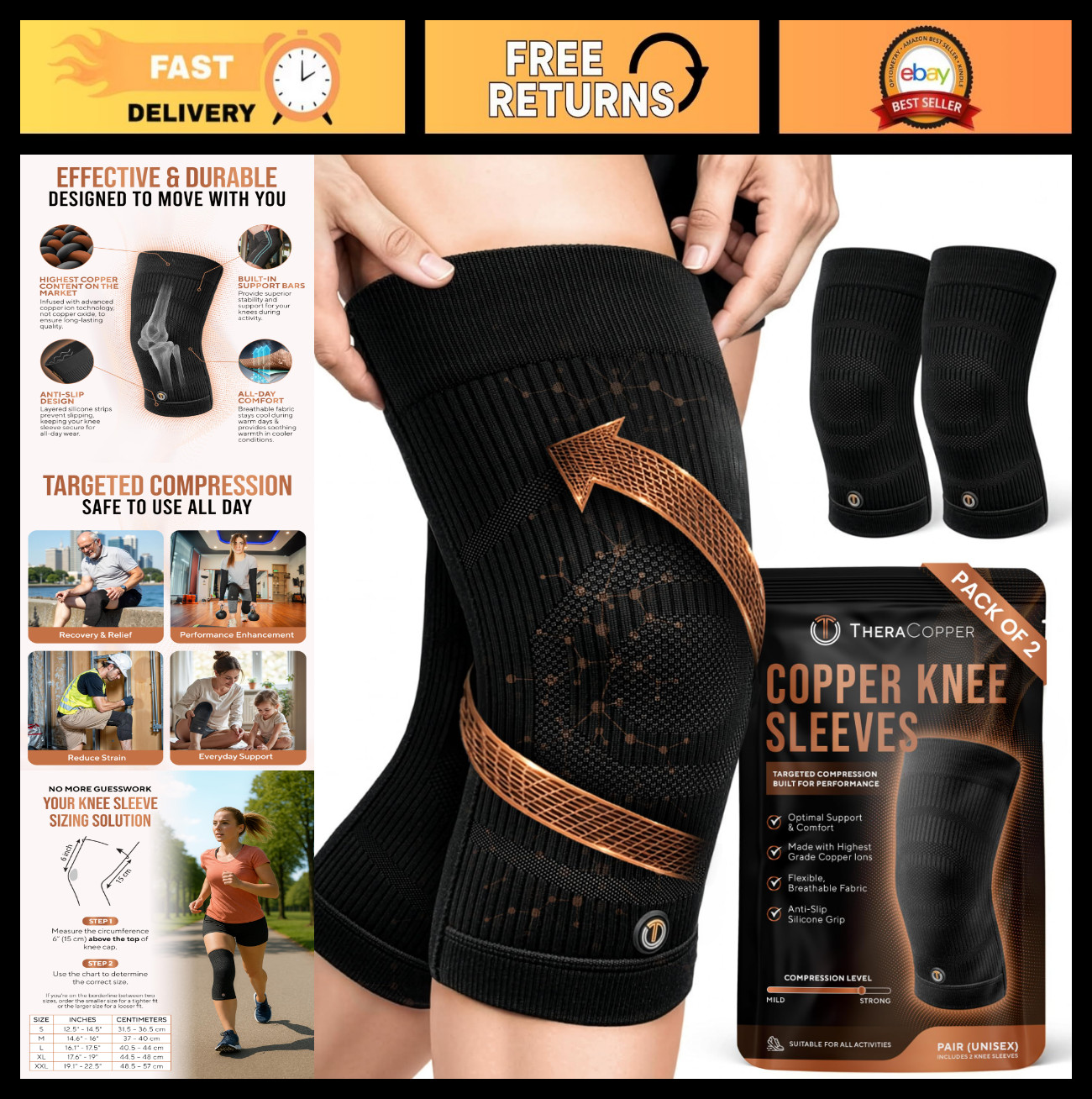 Copper Knee Brace Compression Sleeve – X-Large 2 Pack for Pain Relief & Support