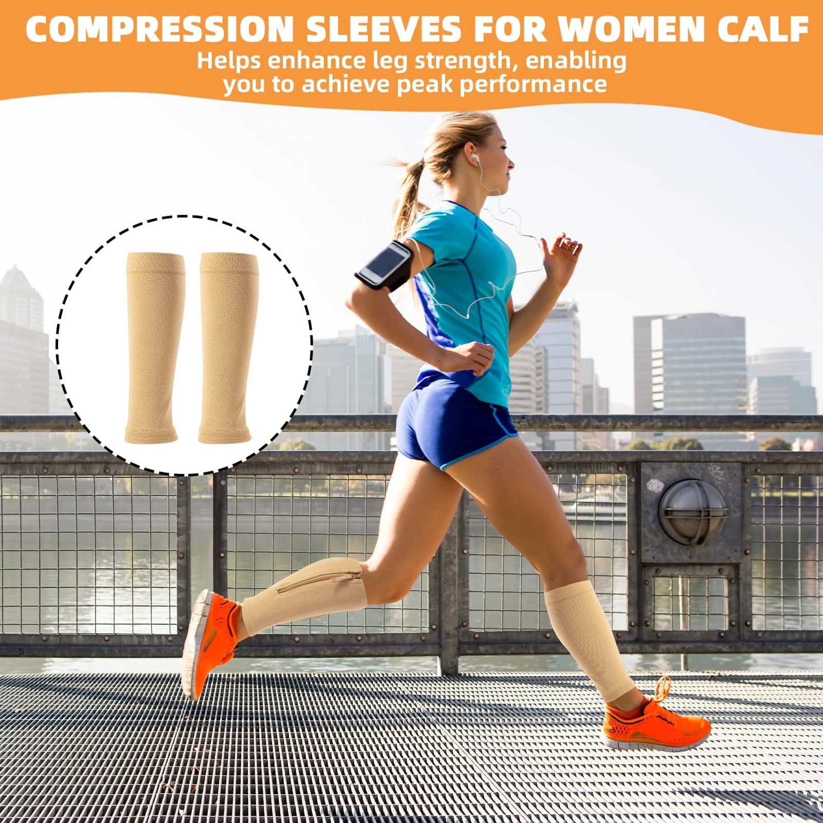 2 Piece Compression Sleeves for Women Calf, Leg One Size, Skin tone