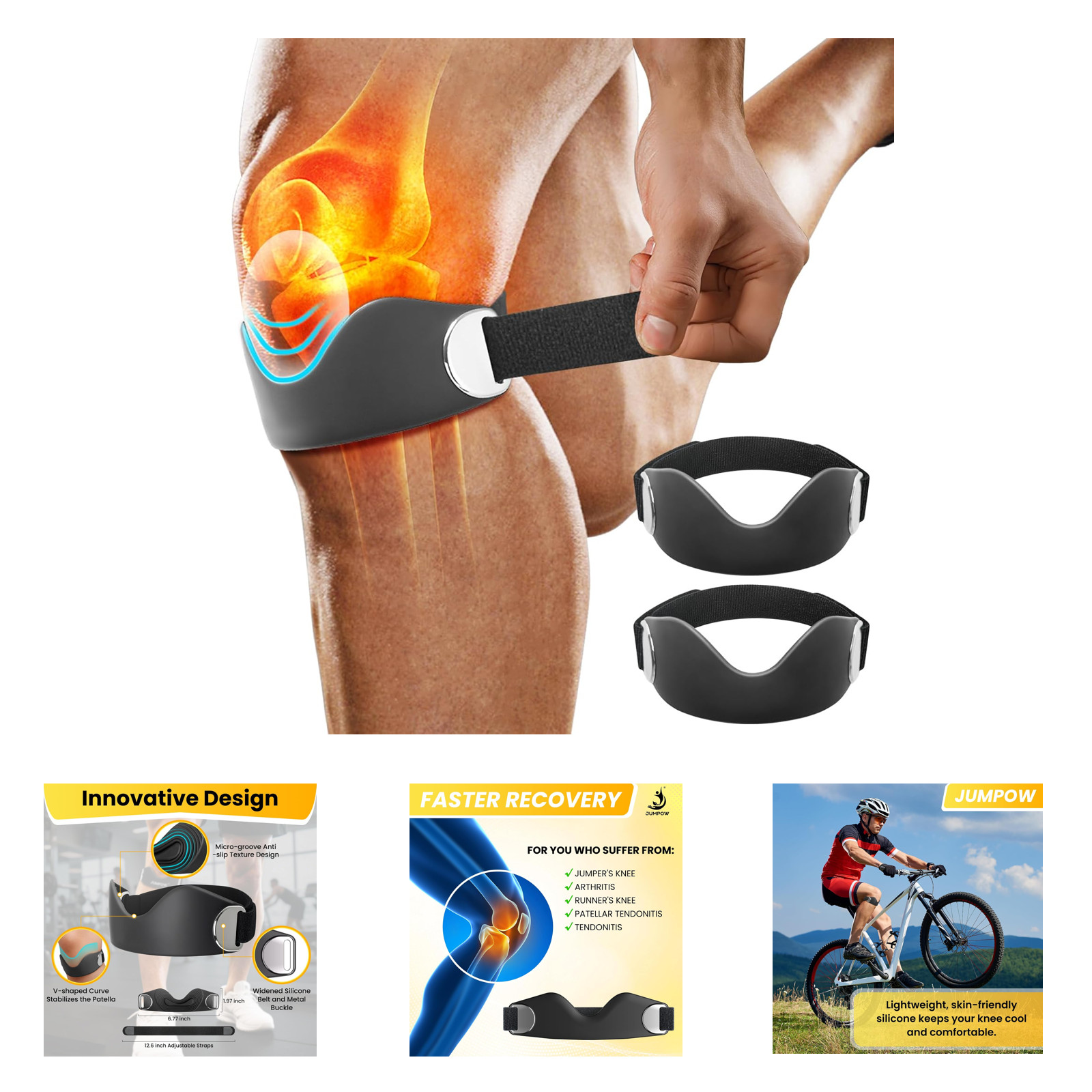 Patellar Tendon Support Strap 2 Pack Adjustable Non-Slip Silicone Knee Brace for