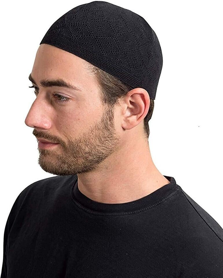 Muslim Black Cotton Open-Knit Turkish Islamic Skull Kufi Cap Kuffiyeh Hat