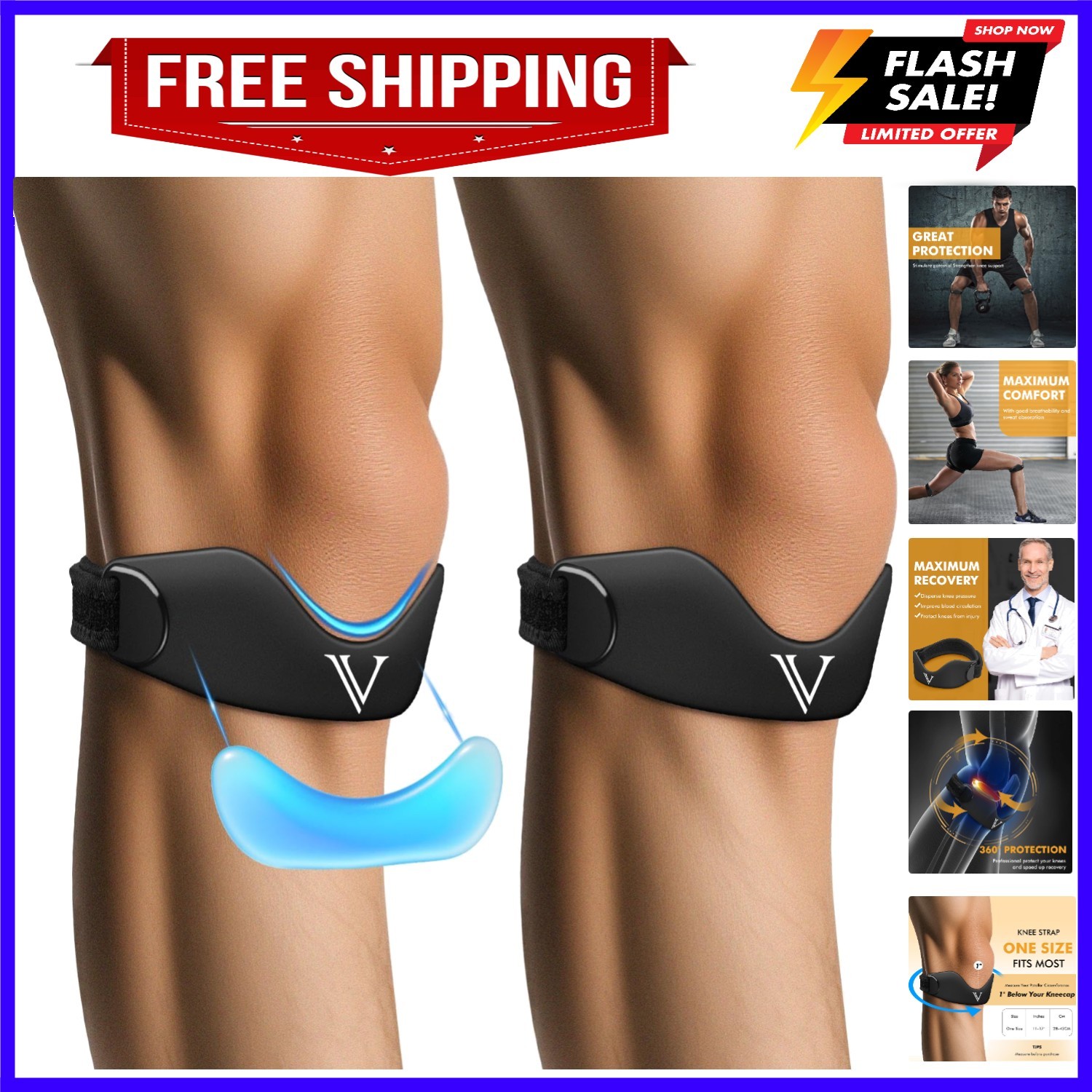 Silicone Patellar Tendon Support Strap 2-Pack, Knee Brace for Women Men, Adju…