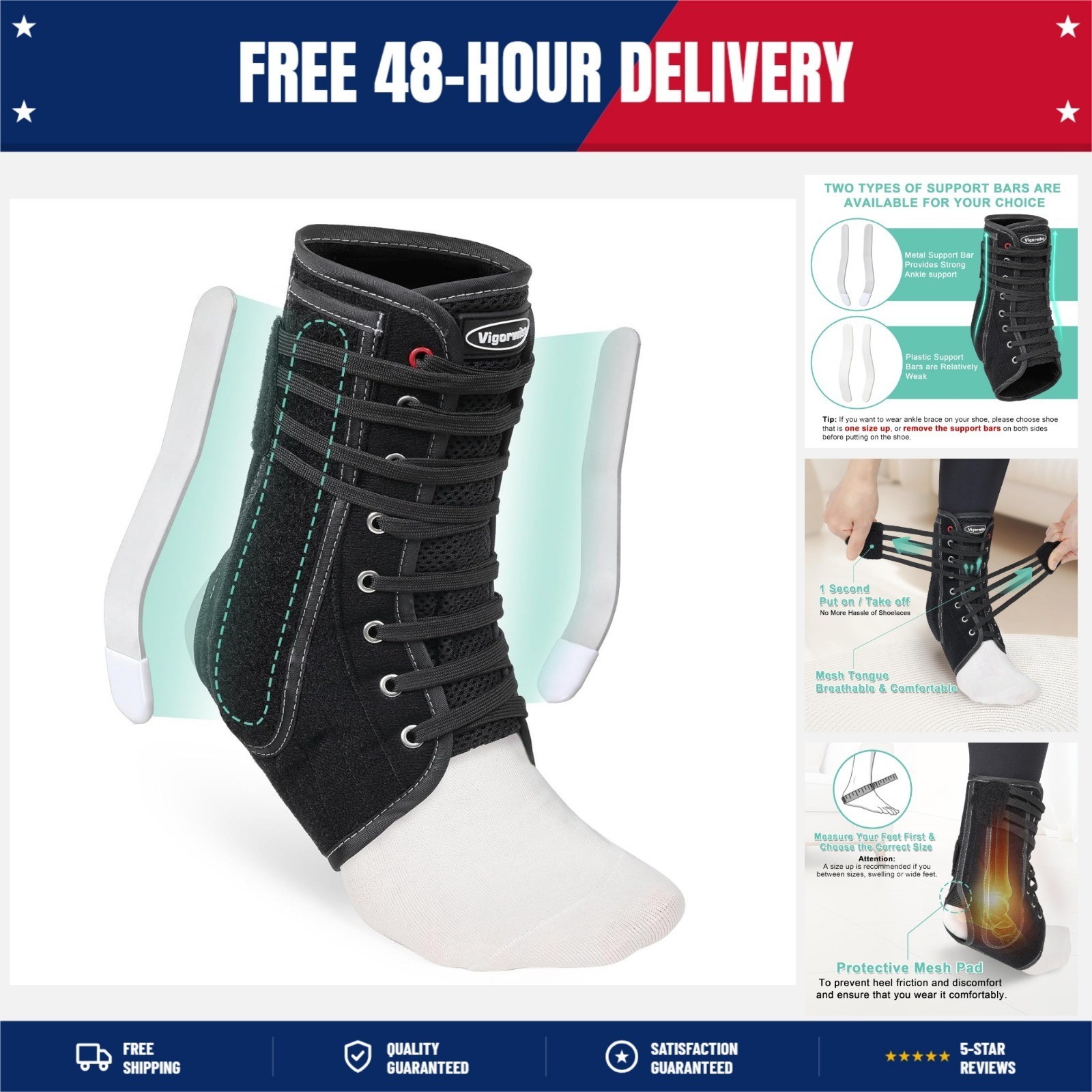 Lace up Ankle Brace for Women Men, Quick Adjustment Ankle Brace with Metal and P