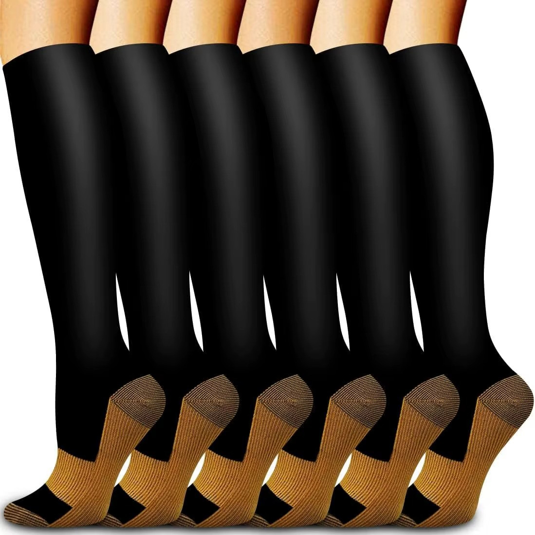 6 Pairs Solid Color Copper Compression Socks Nurse Compression Socks Black Skin