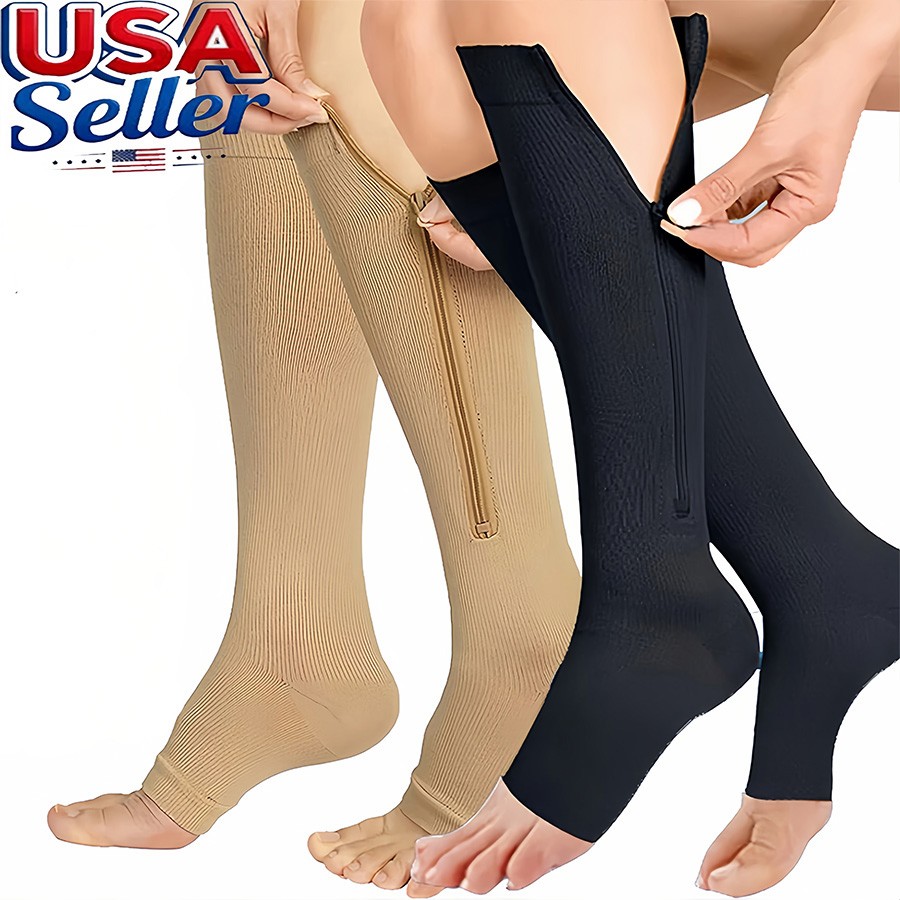 1/3 Pairs Unisex Zip Up Compression Socks Orthotics Support Black Beige Open Toe
