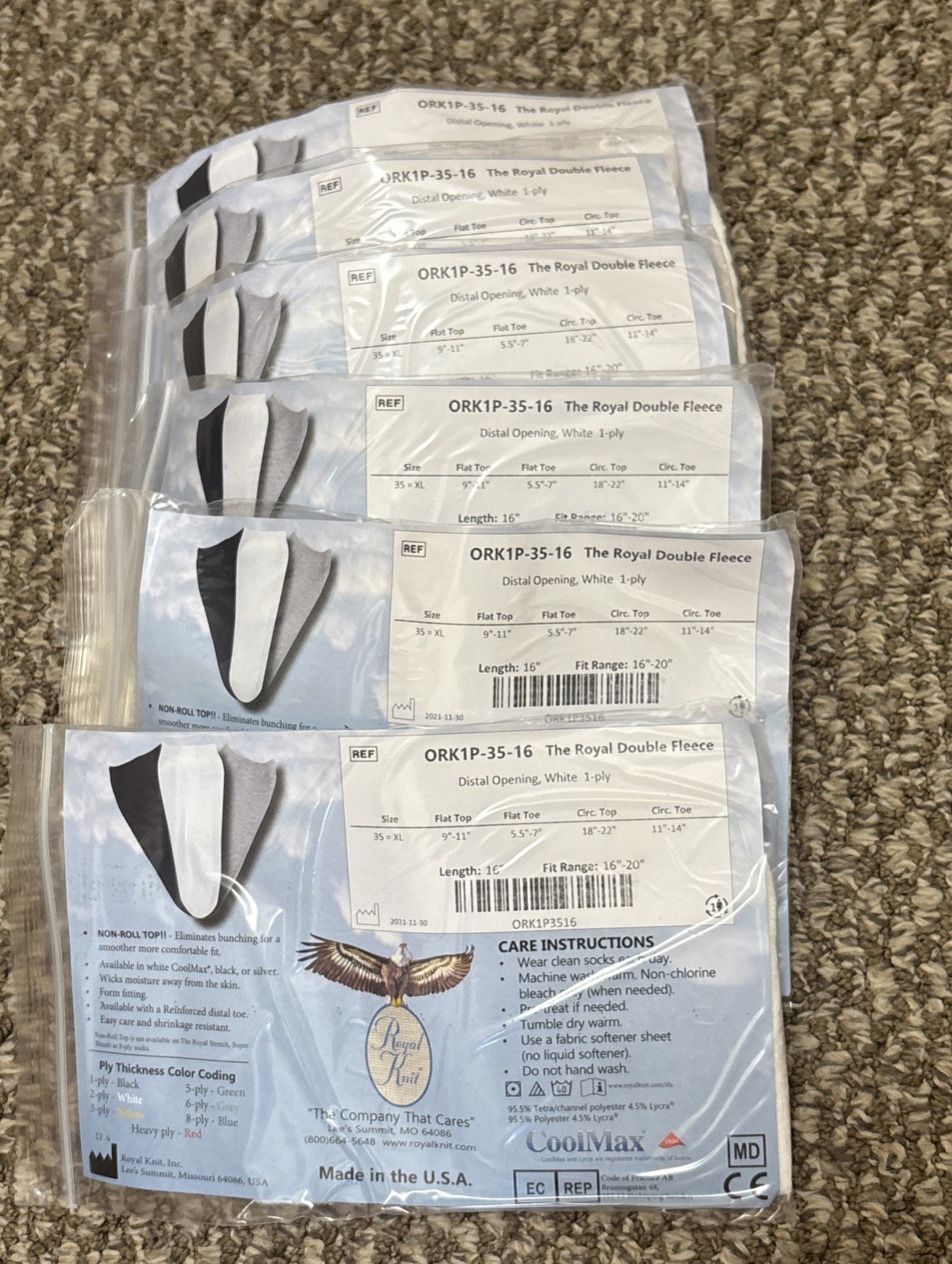 Lot of 6 Royal Knit 2-Ply Prosthetic Coolmax Socks ORK1P-35-16 Size XL