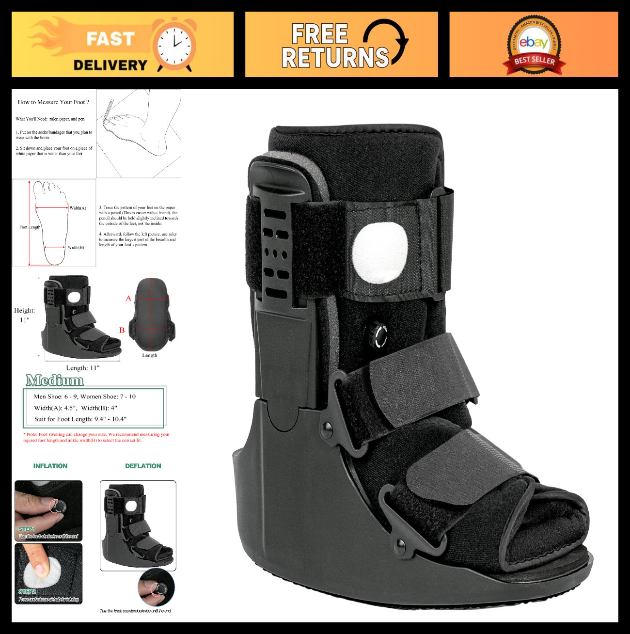 Fracture Walking Boot – Short Ankle Support for Injuries, Fits Left/Right Foot,