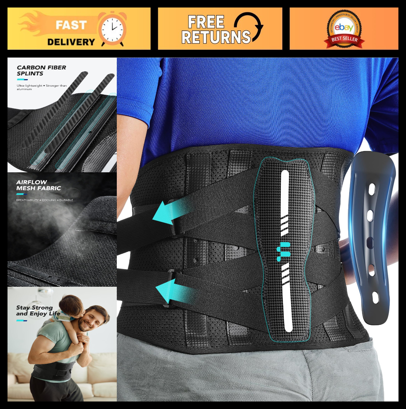 Lower Back Pain Relief Brace, Ergonomic Carbon Fiber Support, Ultra-Thin Adjusta