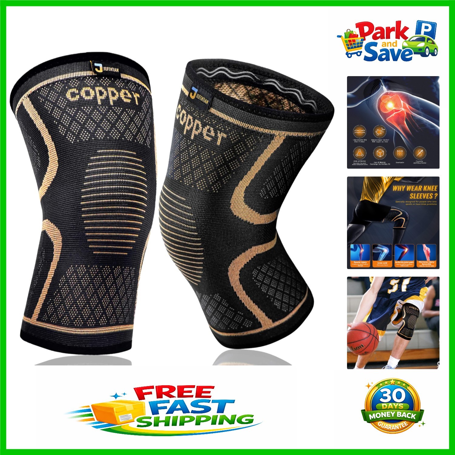 2-Pack Copper Compression Knee Braces for Pain Relief & Sports Support – Large