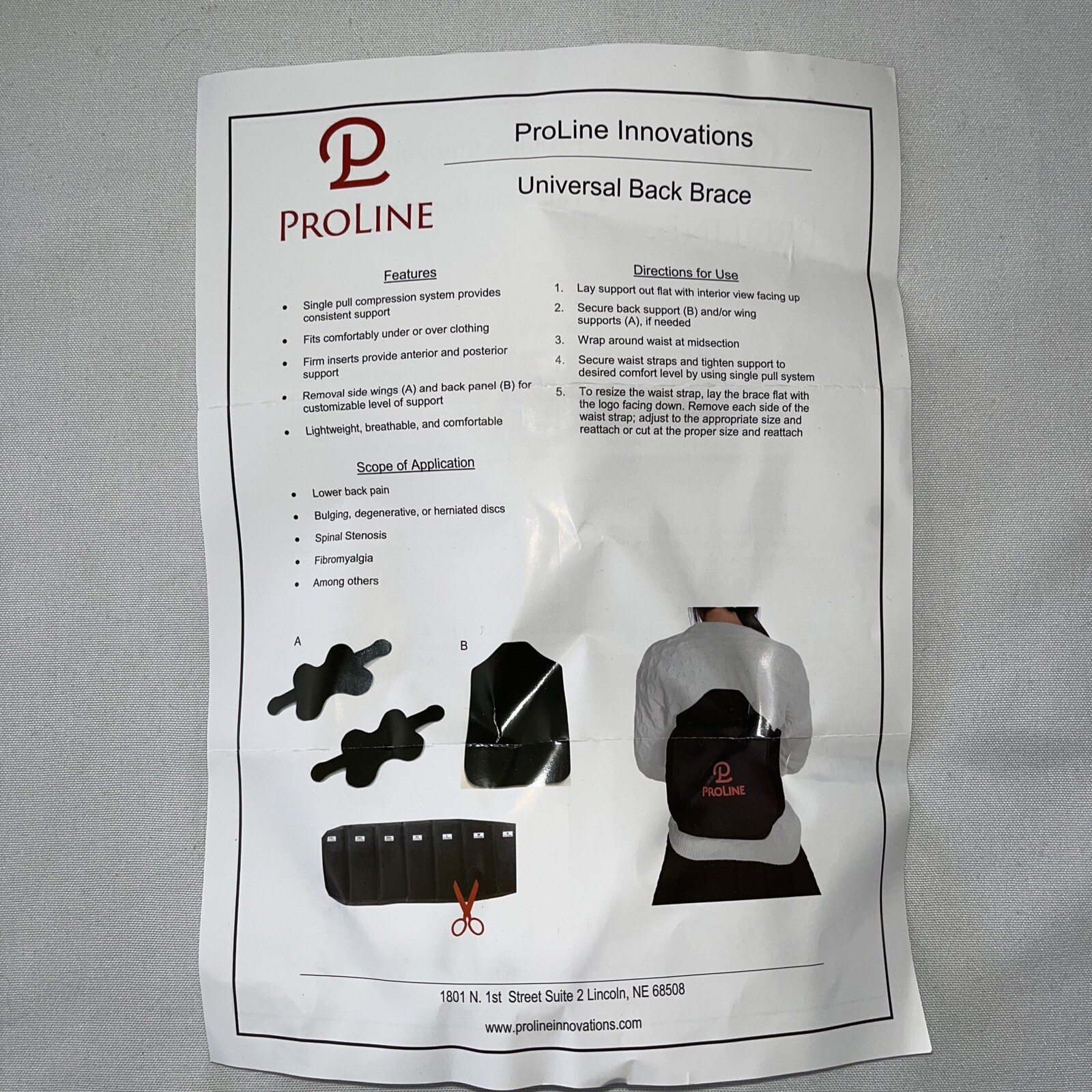 New ProLine Innovations Back Brace Support With Bag Universal Resizable