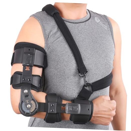 Hinged ROM Elbow Brace – Adjustable Post Op Elbow Brace Stabilizer Right Black