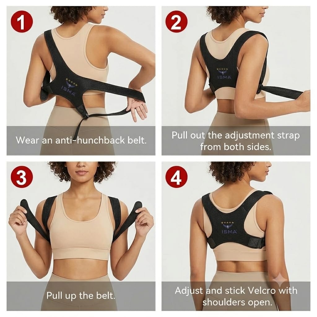 ISMA Posture Corrector Adjustable Back Brace Small/Medium (Pack of 1), Black