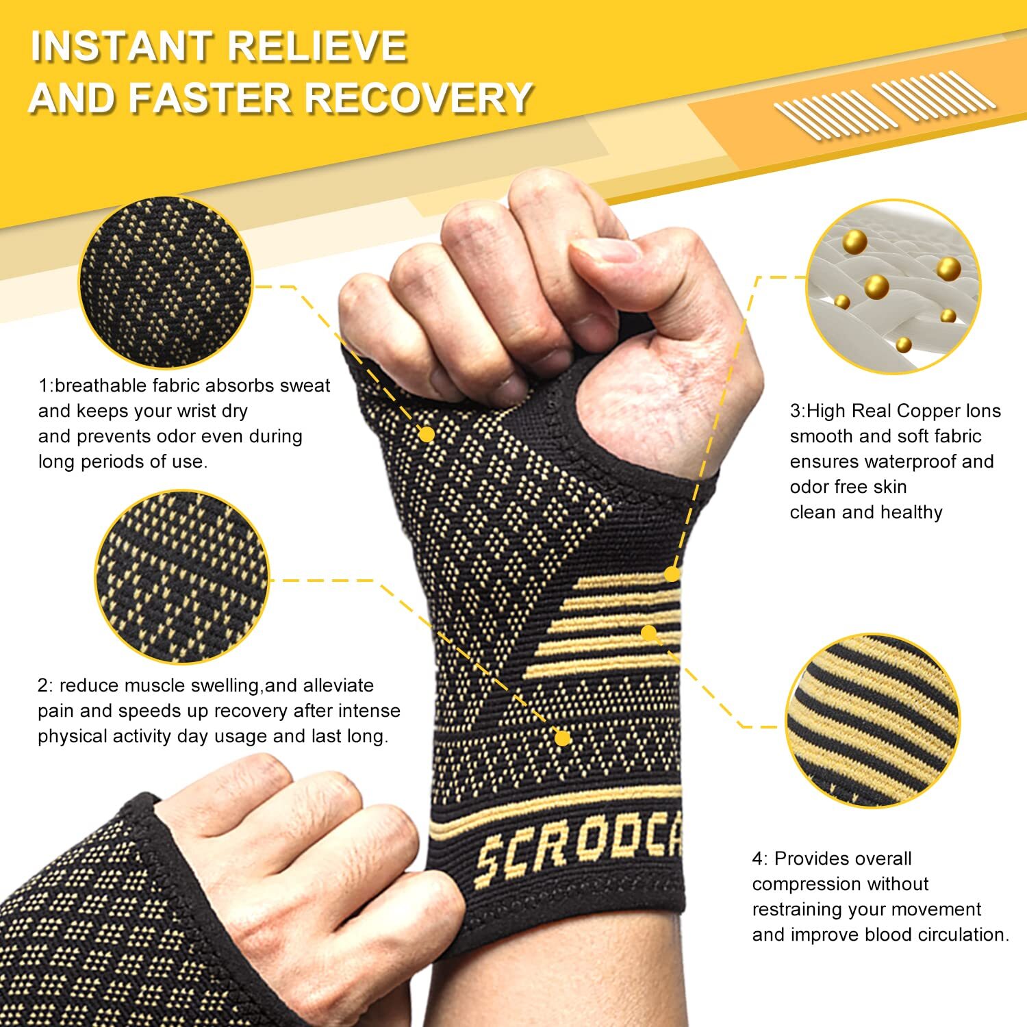 Copper Wrist Brace Support Compression Sleeves Carpal Tunnel Arthritis Sprains