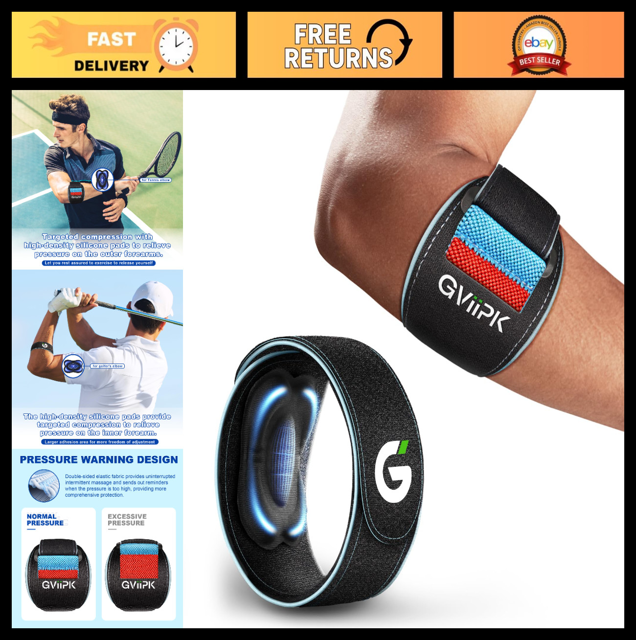 Adjustable Tennis Elbow Brace & Golfers Elbow Support Strap for Tendonitis Relie