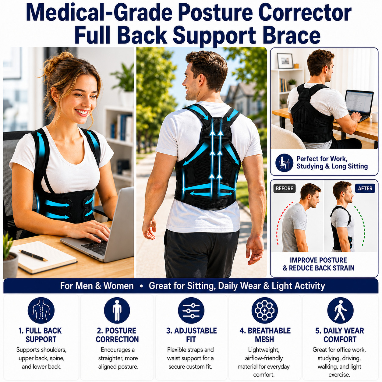 Posture Corrector Back Brace Full Support Shoulder Straightener Men Women XS-3XL
