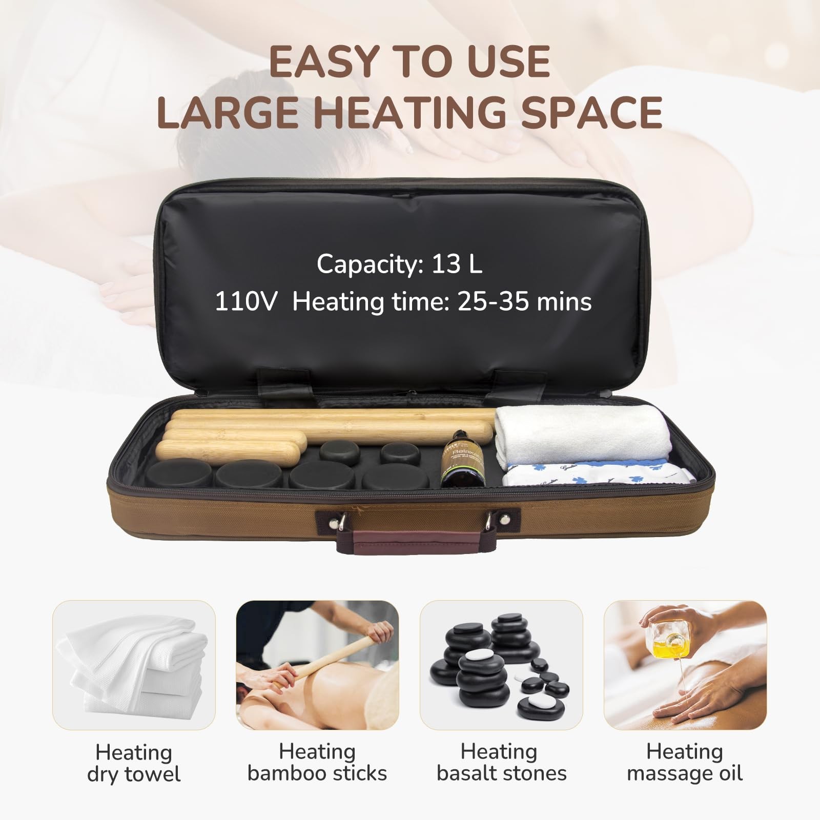 Portable Massage Stone Warmer Electric Heater with 12 sticks, Brown