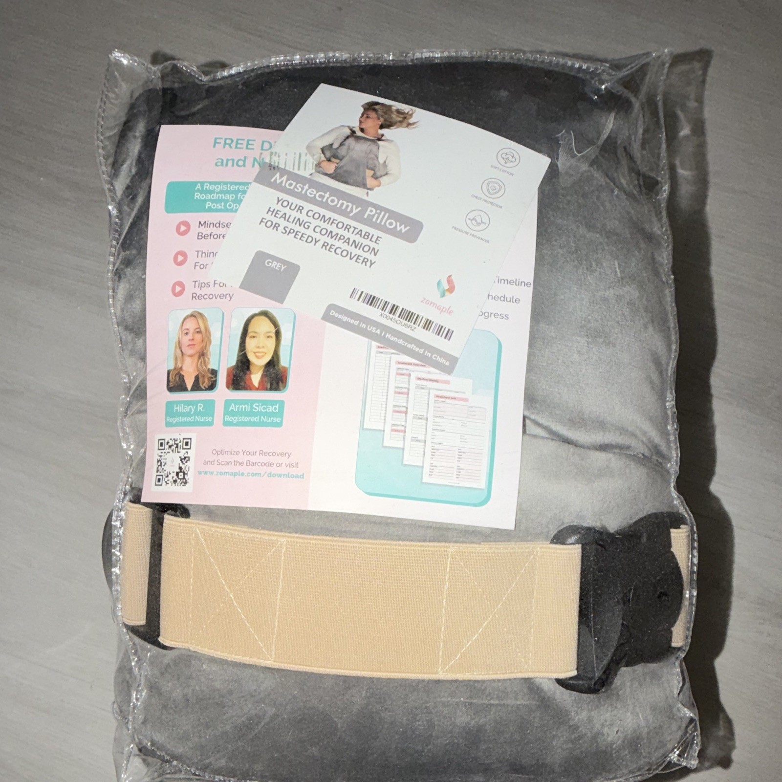 Gray Mastectomy Pillow for Chest Post-Surgery Recovery, Adjustable Beige Straps