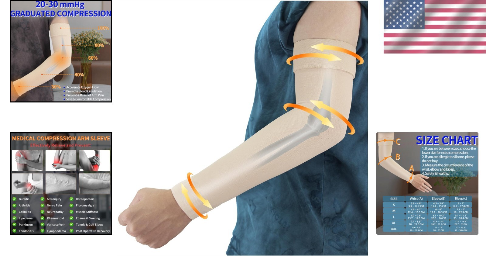 Graduated Compression Arm Sleeve for Men & Women with Silicone Anti-Slip Band
